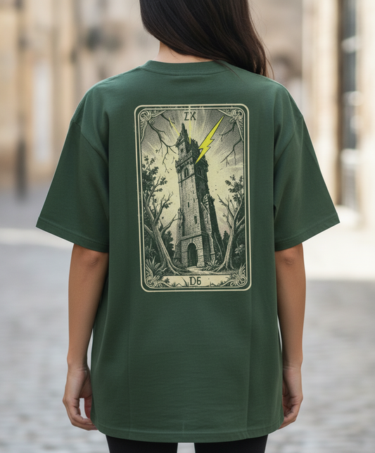 The Tower Tarot Card XVI Oversized Tee – Forest Green Terry