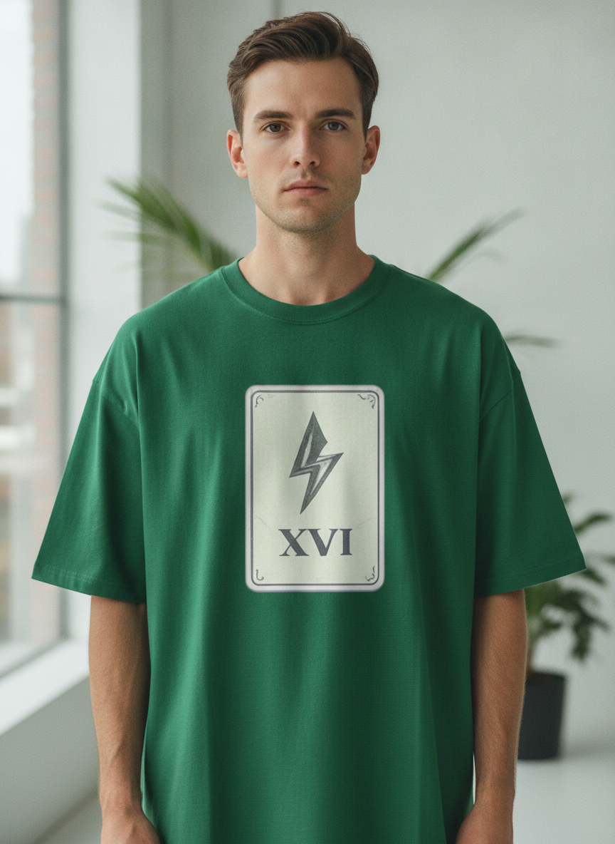 The Tower Tarot Card XVI Oversized Tee – Forest Green Terry