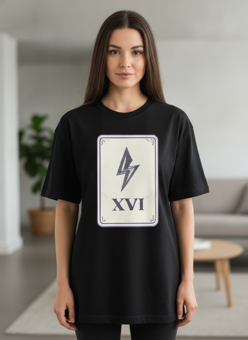 The Tower Tarot Tee — Black Oversized Terry T-Shirt | XVI
