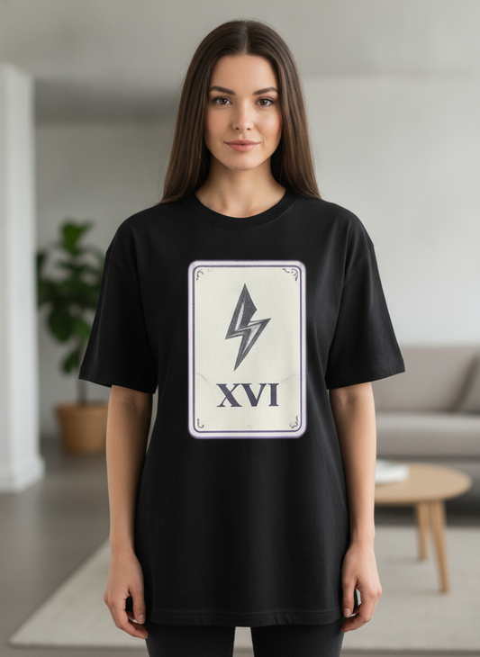 The Tower Tarot Tee — Black Oversized Terry T-Shirt | XVI