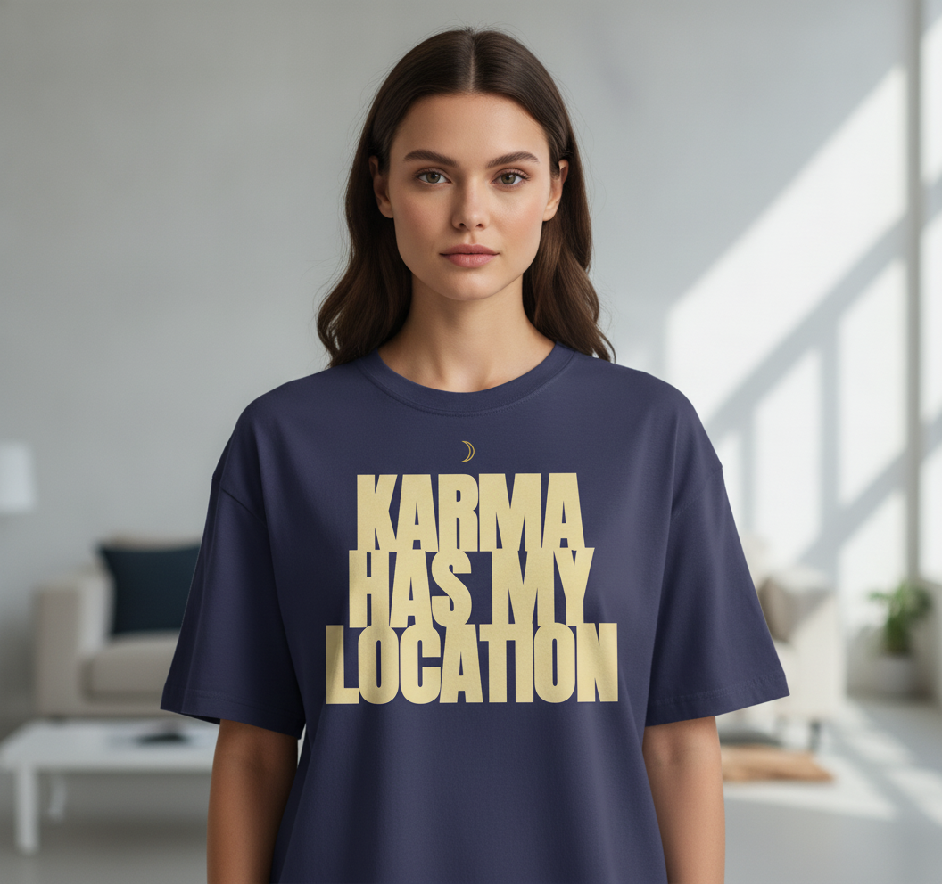 Karma Has My Location Oversized Tee — Navy