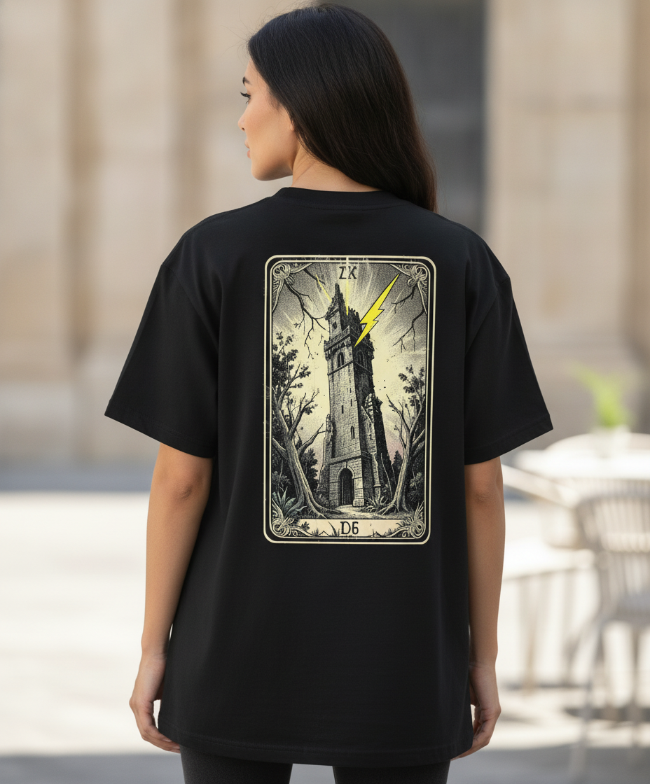 The Tower Tarot Tee — Black Oversized Terry T-Shirt | XVI