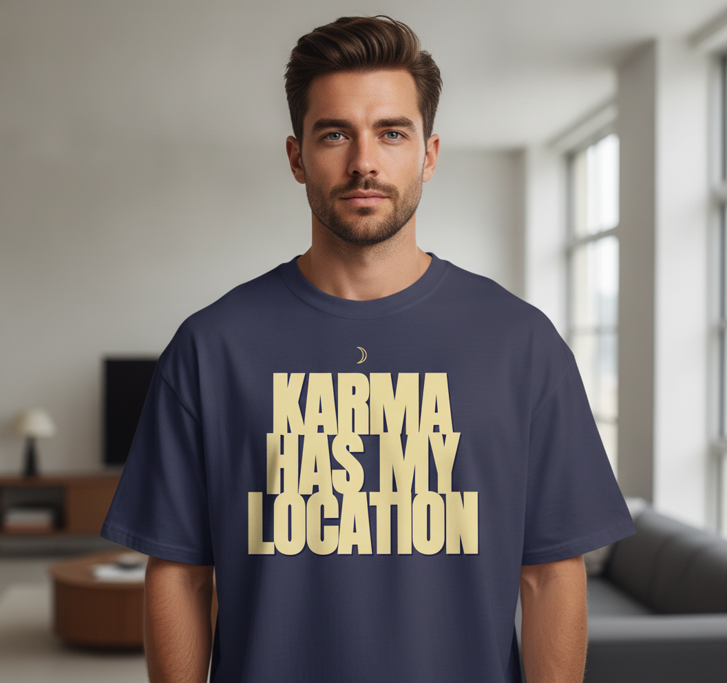 Karma Has My Location Oversized Tee — Navy