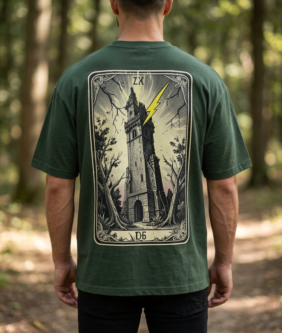 The Tower Tarot Card XVI Oversized Tee – Forest Green Terry