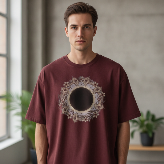 Grahan Eclipse Mandala Oversized Tee – Unisex Maroon 240 GSM