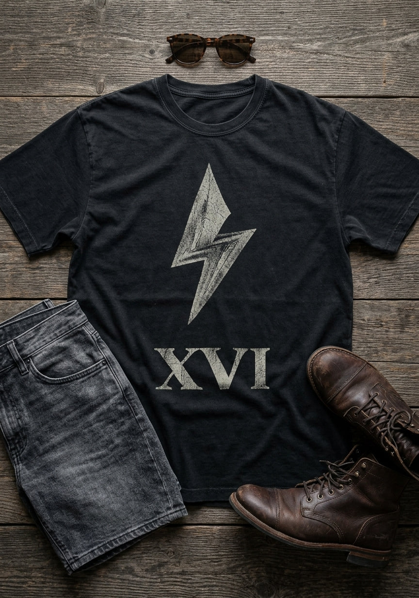 The Tower Tarot Tee — Black Oversized Terry T-Shirt | XVI
