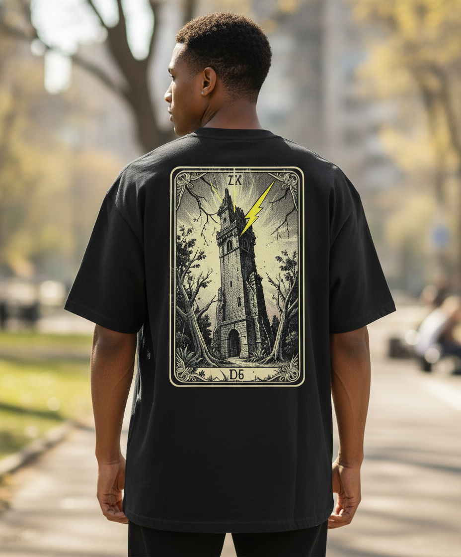 The Tower Tarot Tee — Black Oversized Terry T-Shirt | XVI