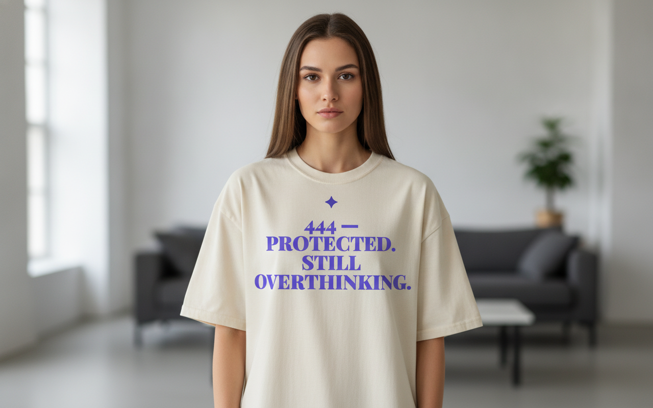 444 Angel Number Tee — Protected. Still Overthinking.
