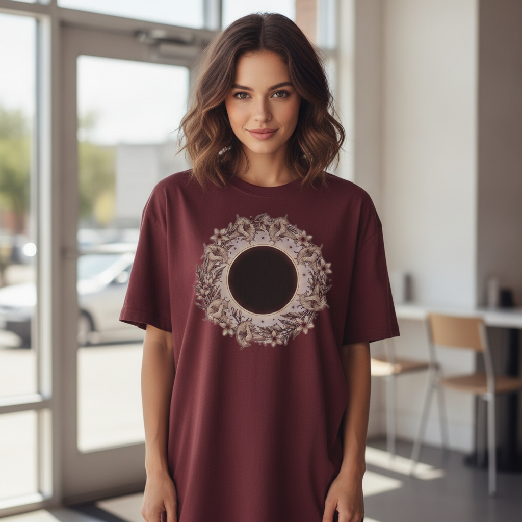 Grahan Eclipse Mandala Oversized Tee – Unisex Maroon 240 GSM